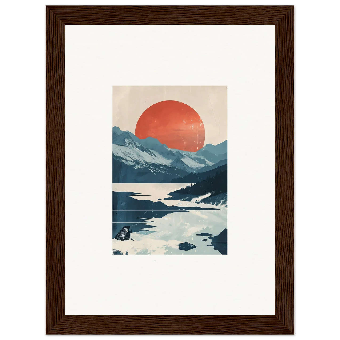 Framed canvas print of a celestial reverie with mountains and a red sun for room decoration