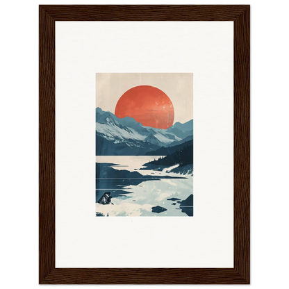 Framed canvas print of a celestial reverie with mountains and a red sun for room decoration