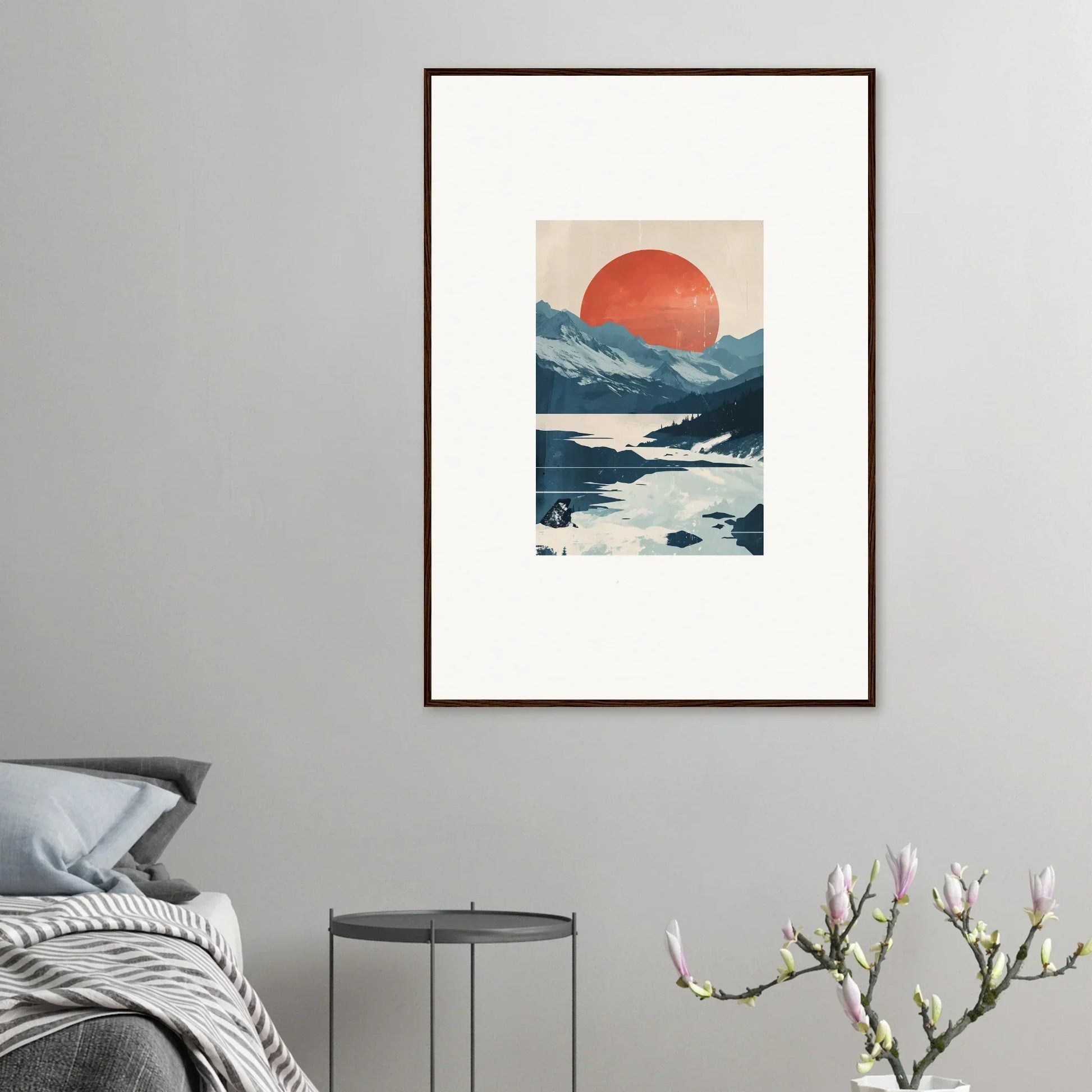 Framed canvas print of Dusky Celestial Reverie with minimalist mountains and a red sun