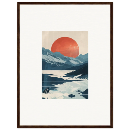 Framed canvas print of Dusky Celestial Reverie with mountains, red sun, and water