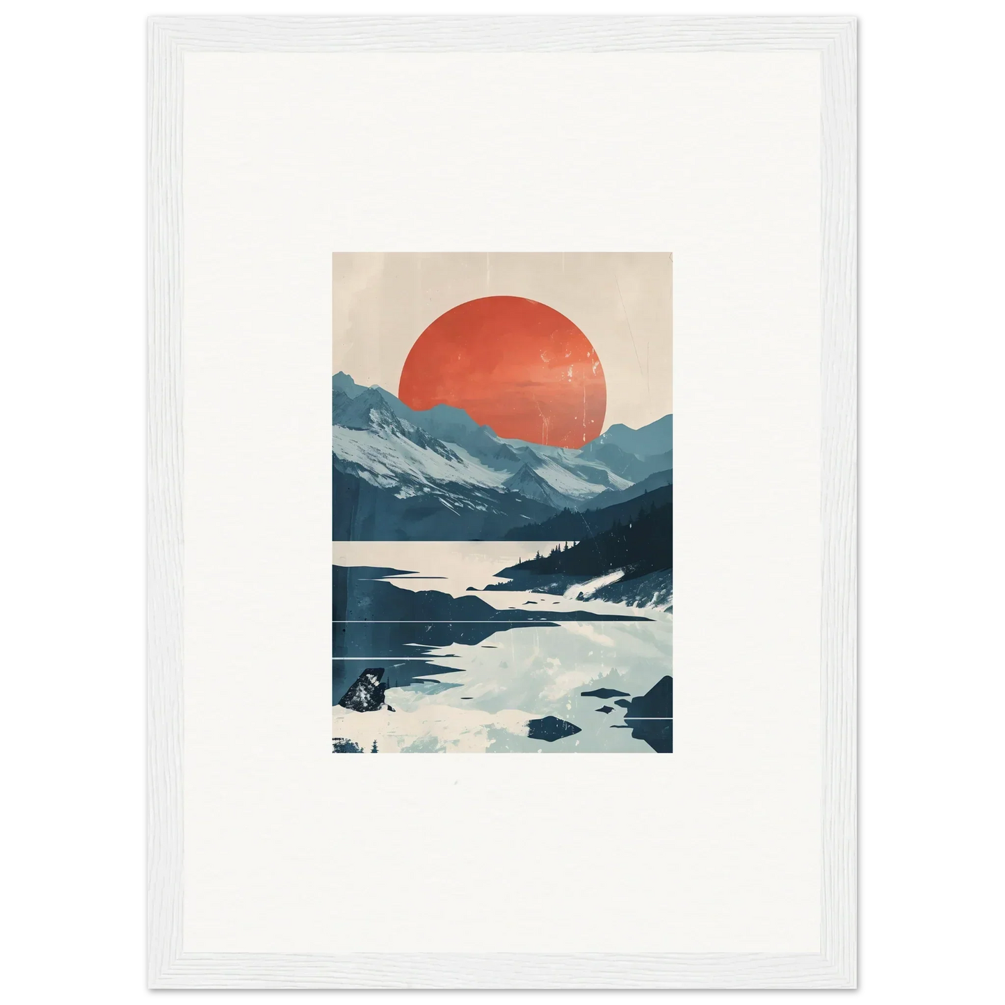 Framed canvas print of a celestial reverie with mountains and a red sun for room decoration