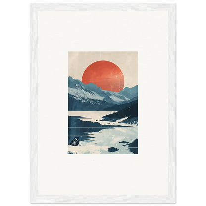 Framed canvas print of a celestial reverie with mountains and a red sun for room decoration