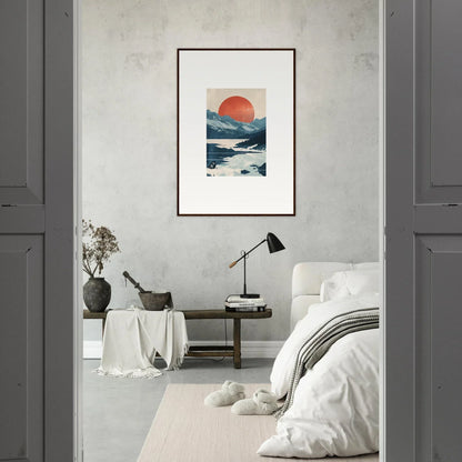 Framed abstract landscape canvas print of a red sun over mountains for celestial reverie room decoration