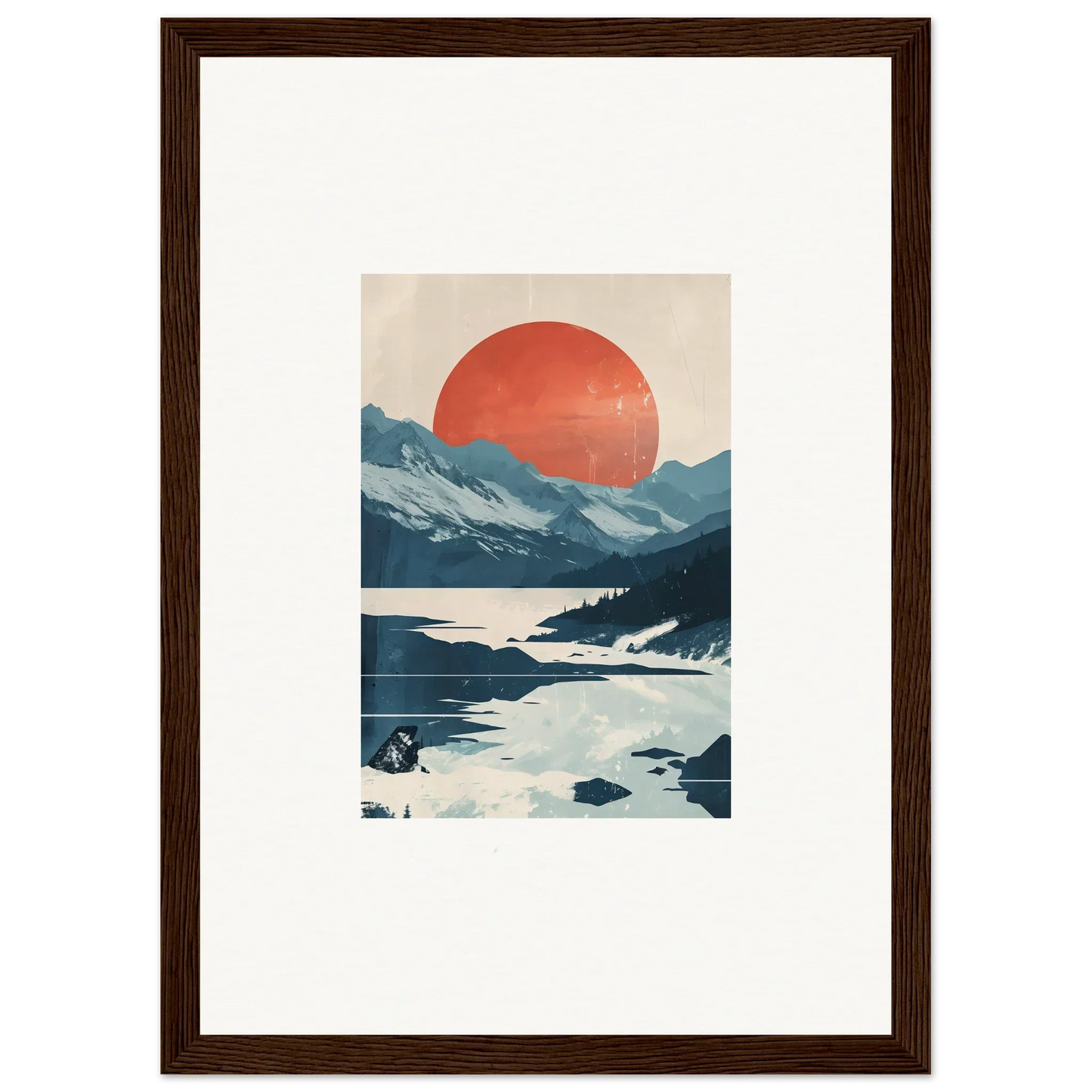 Framed canvas print of a celestial reverie with mountains, river, and red sun