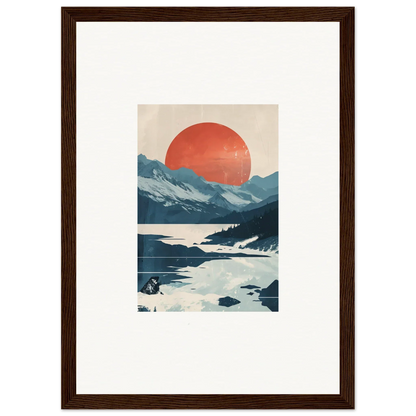 Framed canvas print of a celestial reverie with mountains, river, and red sun