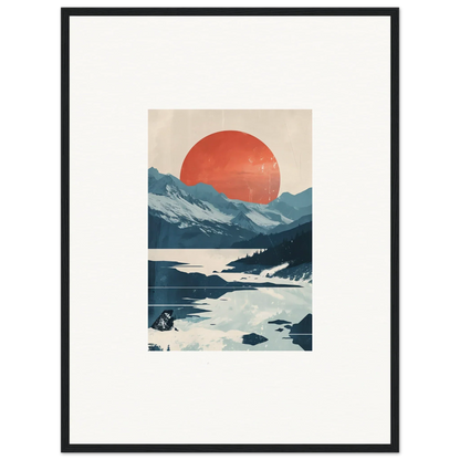 Framed canvas print of a minimalist landscape with mountains and a red sun for celestial reverie