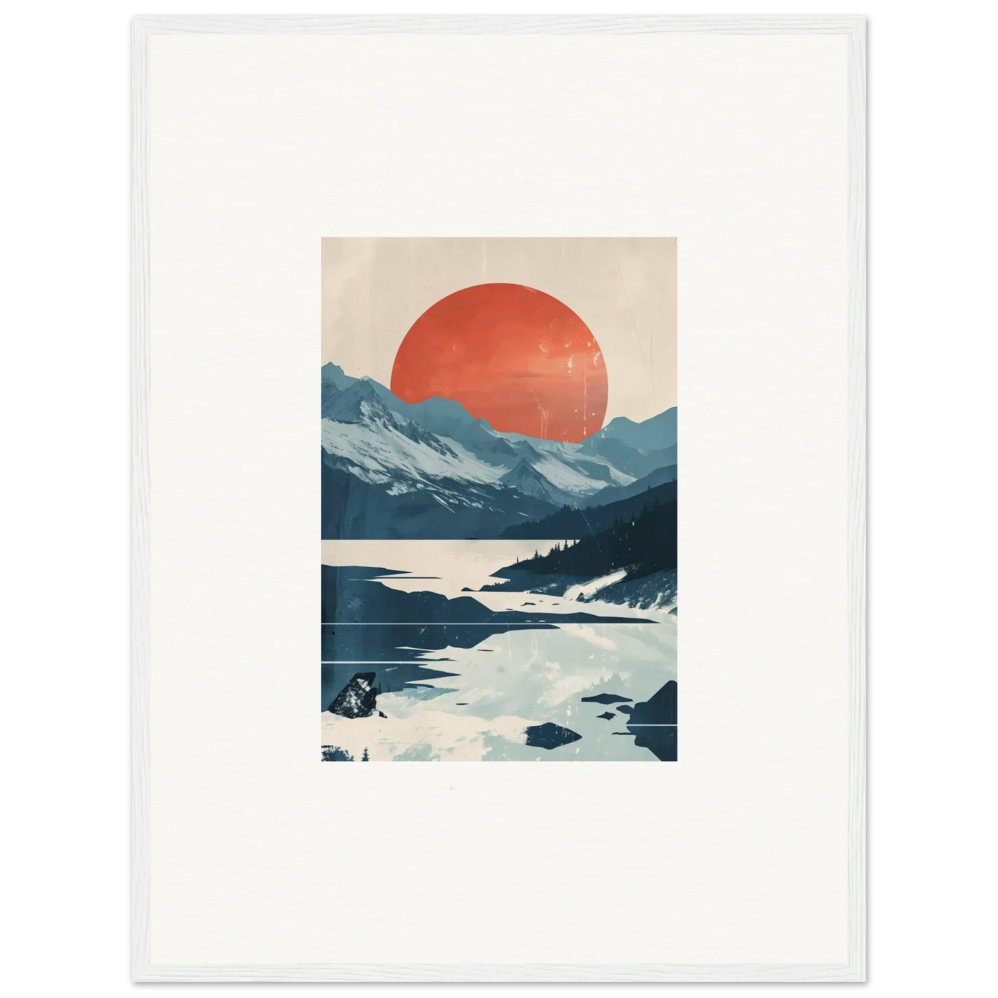 Minimalist canvas print of mountains, lake, and red sun for celestial reverie room decoration