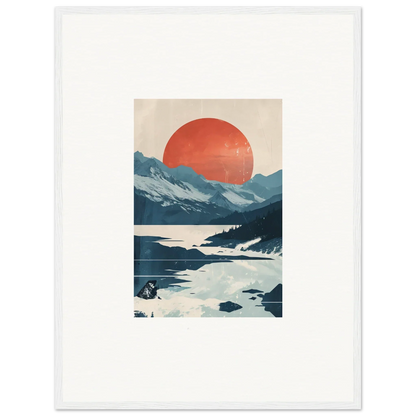 Minimalist canvas print of mountains, lake, and red sun for celestial reverie room decoration