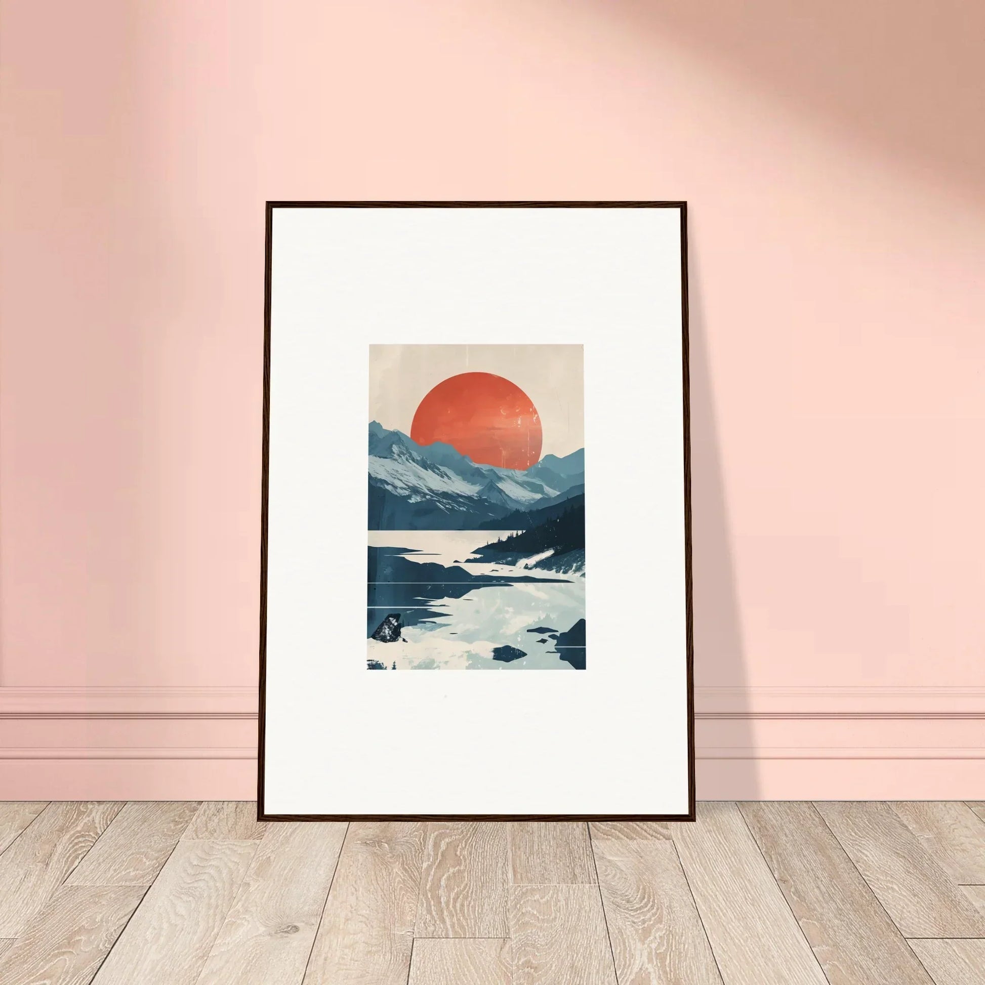 Framed canvas print of a mountainous landscape with a red sun for celestial reverie room decoration