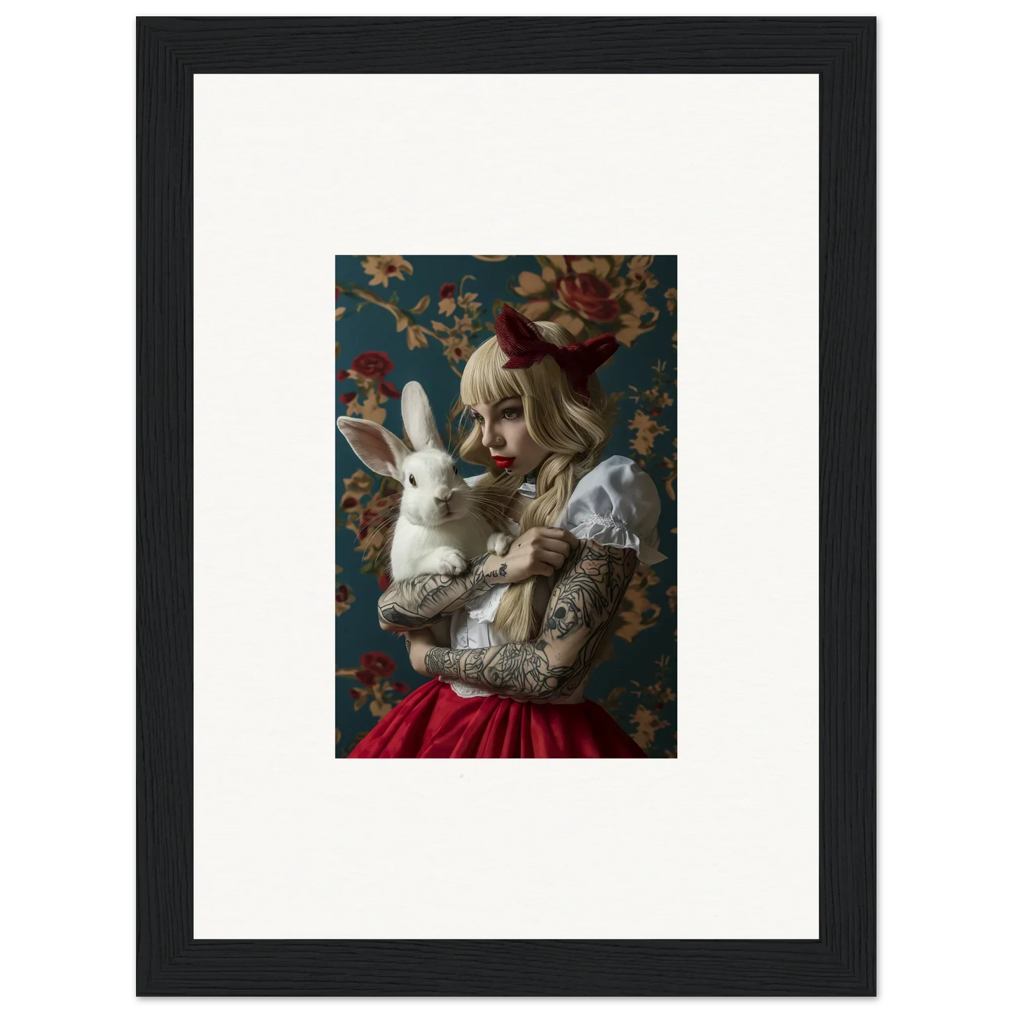 Framed canvas print of a person with blonde hair and a rabbit for dreamy room decoration