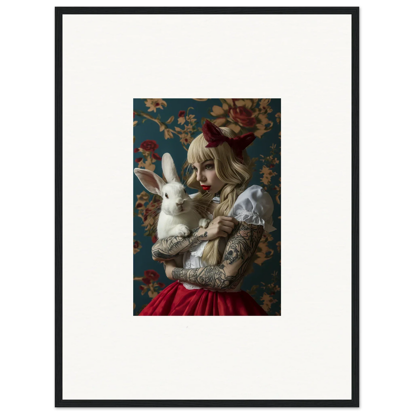 Framed portrait of a blonde woman with a white rabbit, perfect for rabbit dreams room decoration