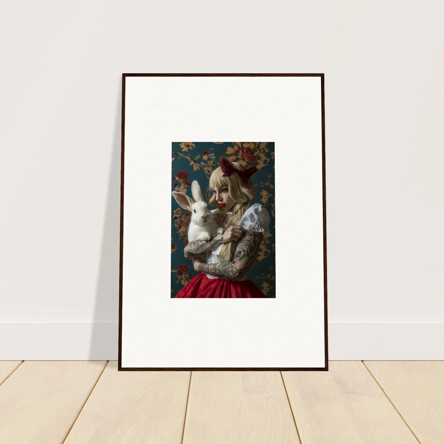 Framed canvas print of rabbit dreams in ornate clothing on a dark floral background