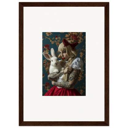 Framed canvas print of a person with blonde hair and a white rabbit for rabbit dreams room decoration