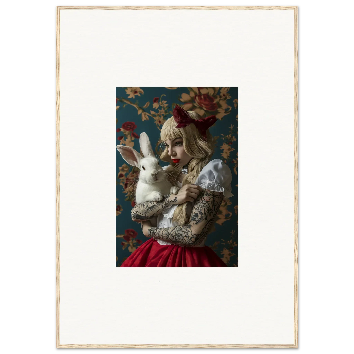 Surreal clown portrait with a white rabbit, perfect for rabbit dreams room decoration