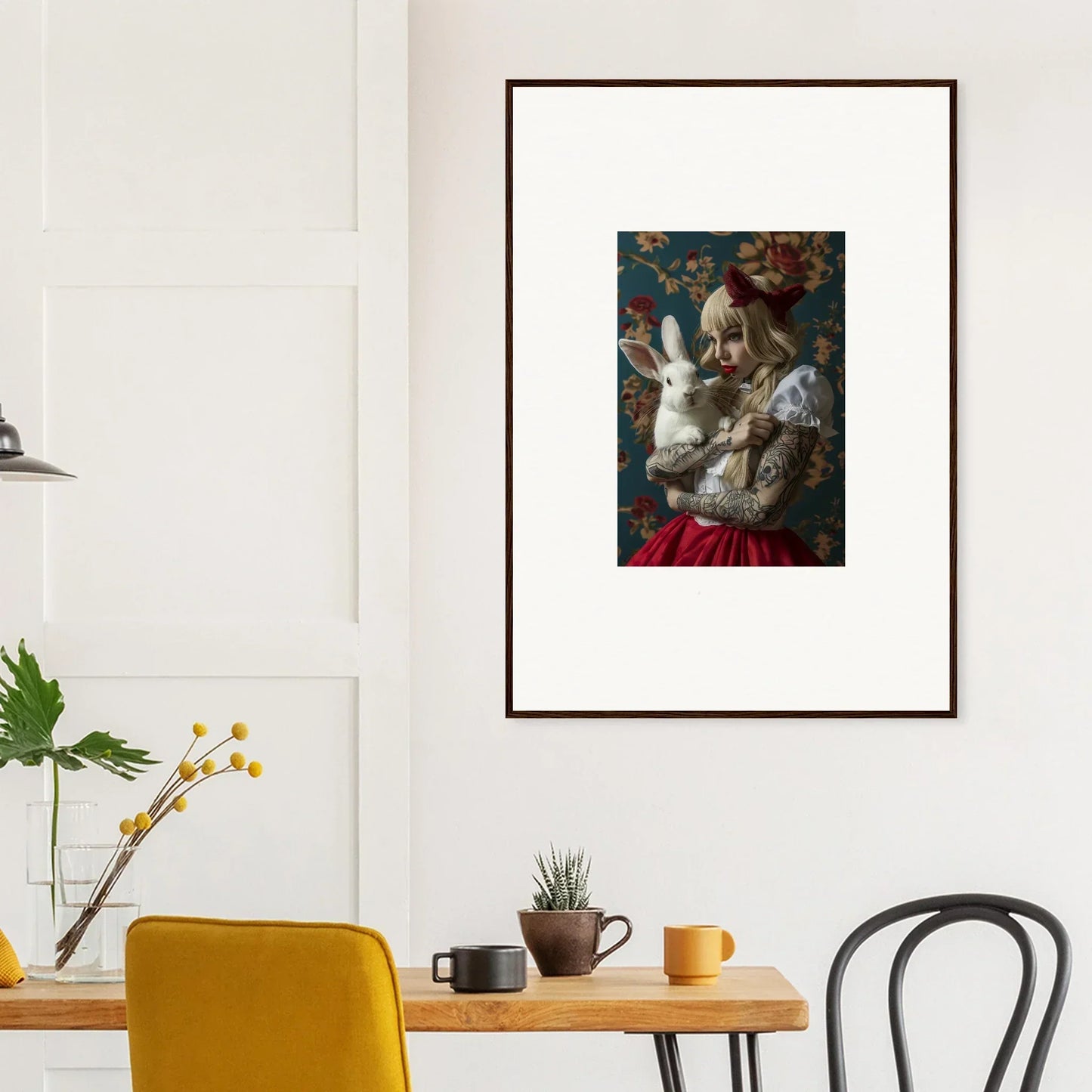 Framed canvas print of Rabbit Dreams with person holding rabbits in floral setting