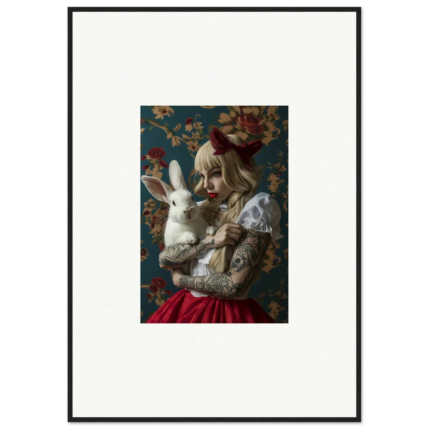 Framed canvas print of a figure with blonde hair holding a white rabbit, perfect for rabbit dreams