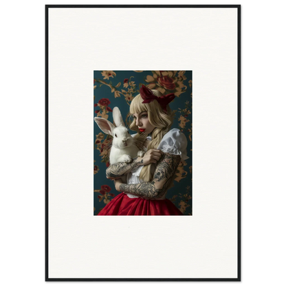 Framed canvas print of a figure with blonde hair holding a white rabbit, perfect for rabbit dreams