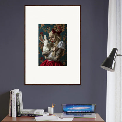 Framed canvas print of rabbit dreams in ornate clothing with a floral backdrop