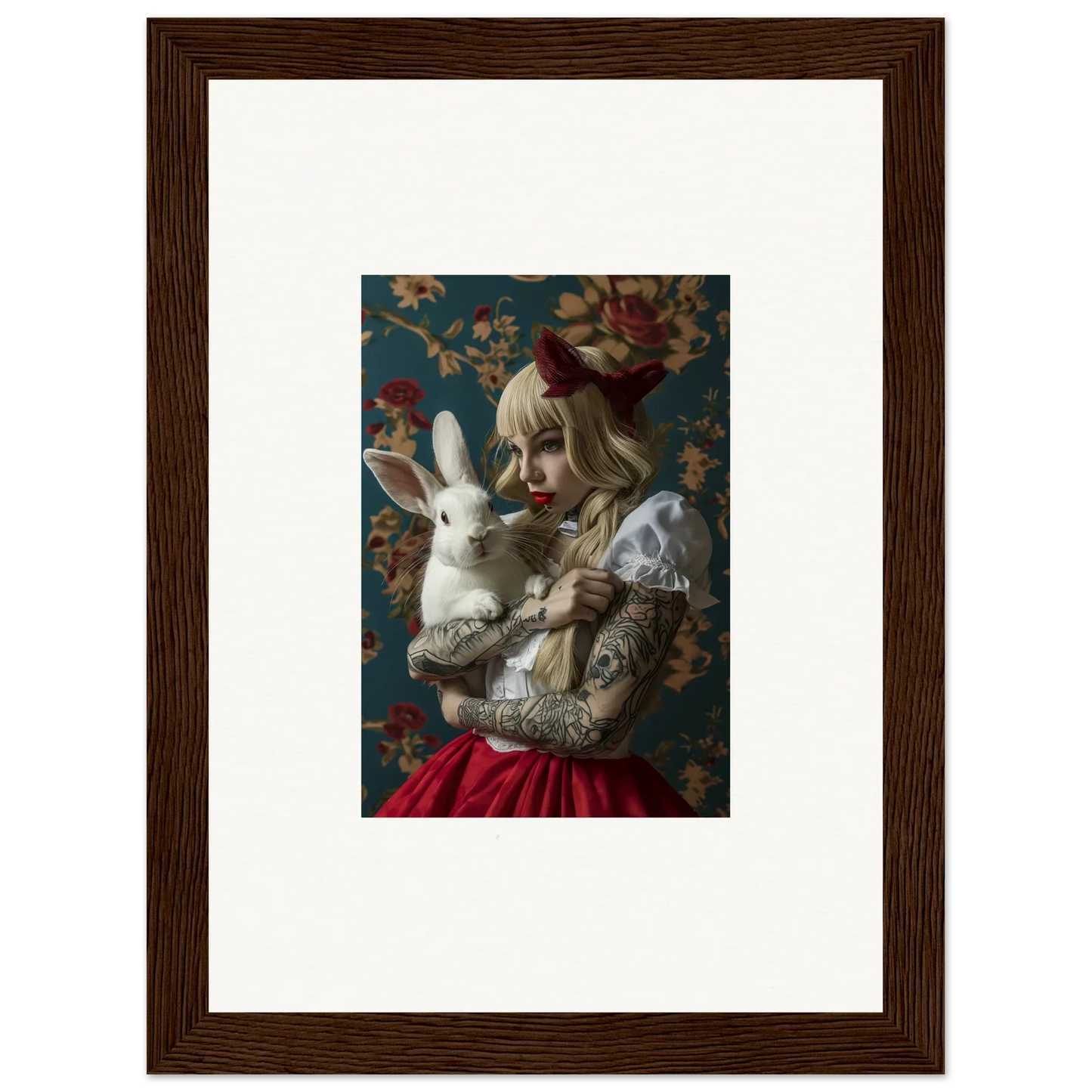 Framed canvas print of rabbit dreams with a figure holding a white rabbit, cool room decoration