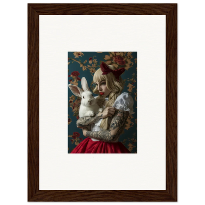 Framed canvas print of rabbit dreams with a figure holding a white rabbit, cool room decoration