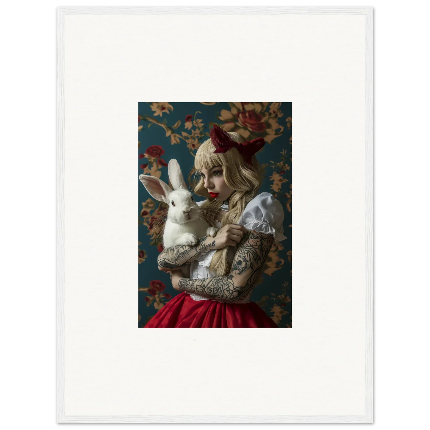 Woman with blonde hair and rabbit in red skirt, great for rabbit dreams canvas print