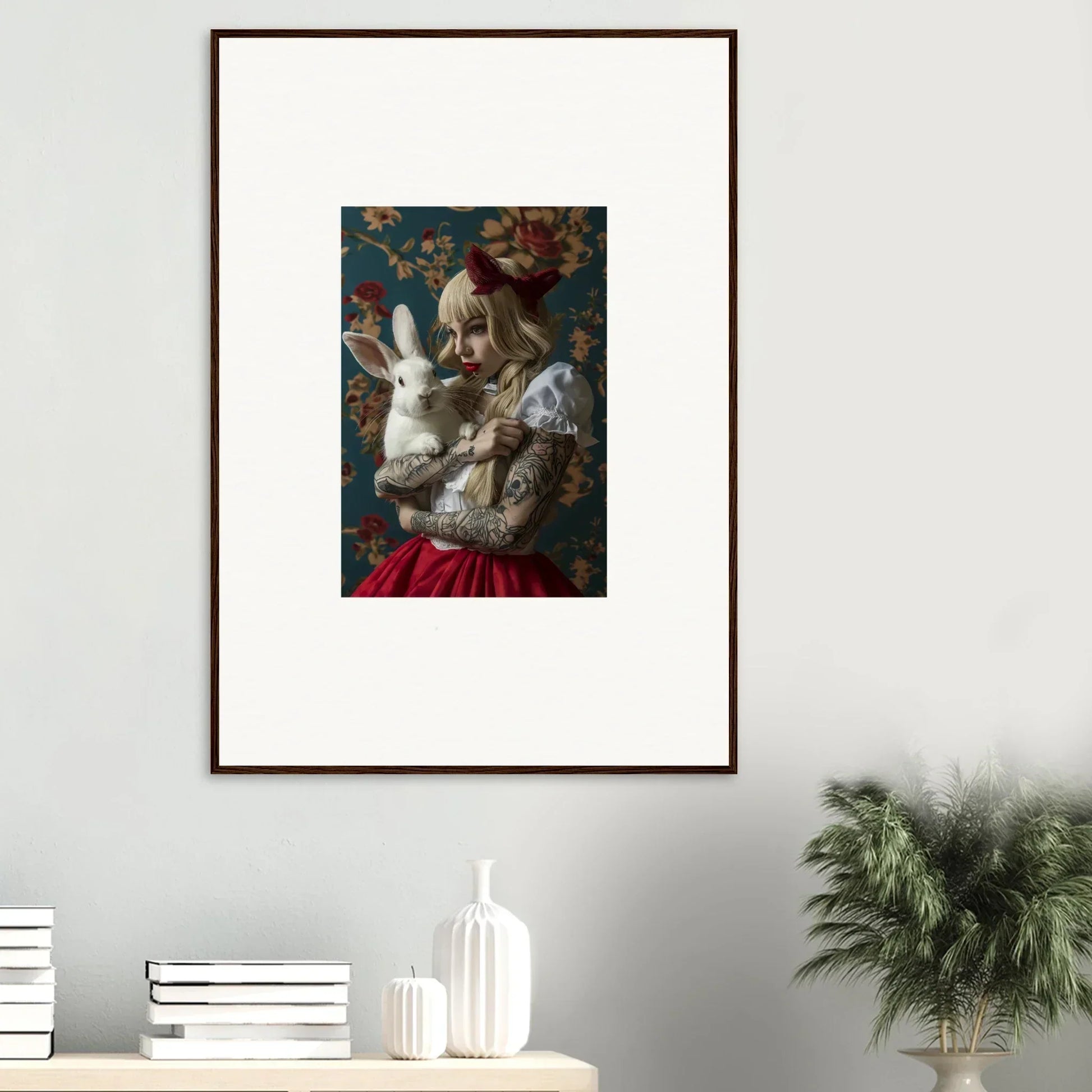 Framed canvas print of a woman in ornate clothing with a white rabbit for chic room decoration