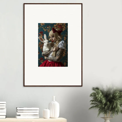 Framed canvas print of a woman in ornate clothing with a white rabbit for chic room decoration