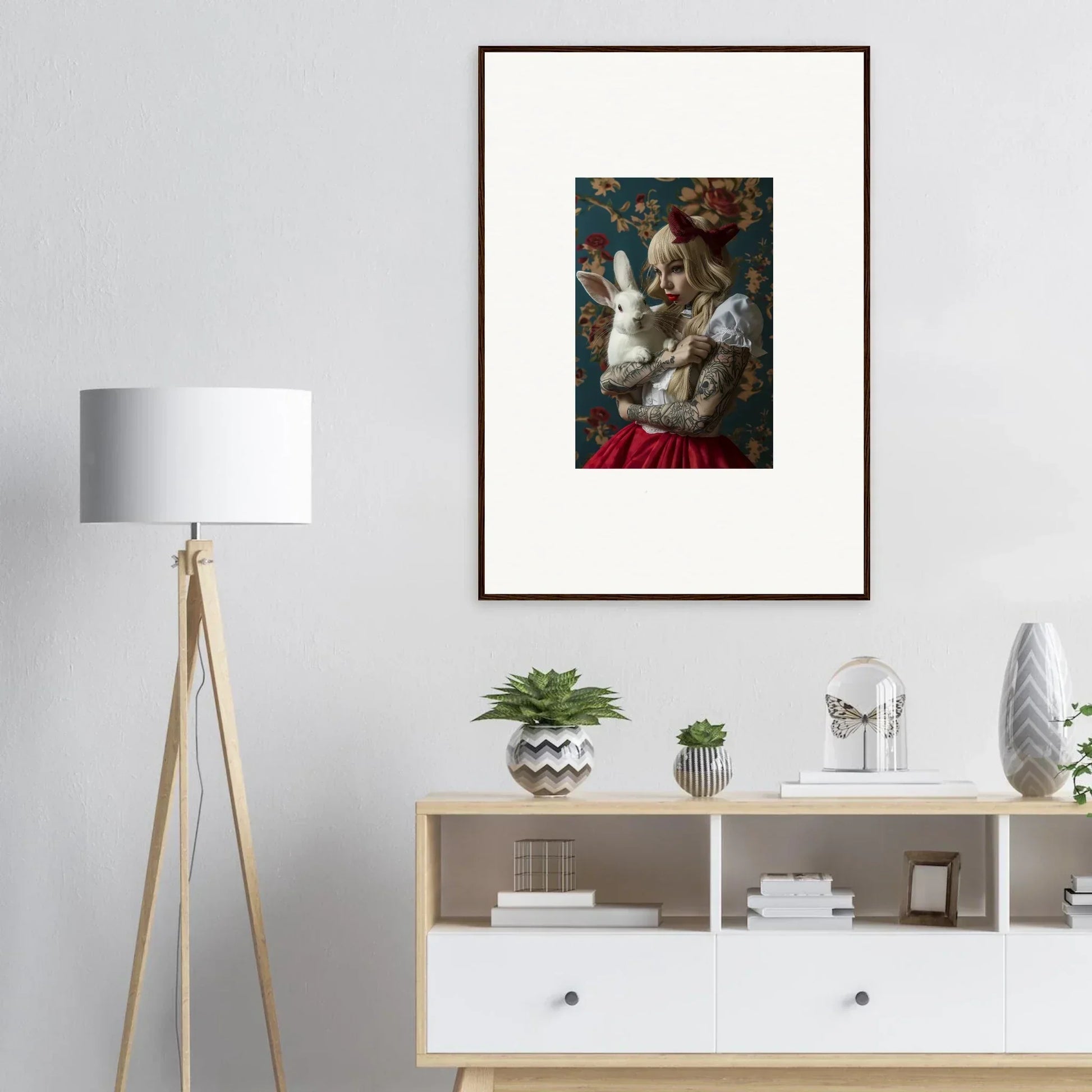 Framed portrait of a person with a white rabbit doll for dreamy room decoration