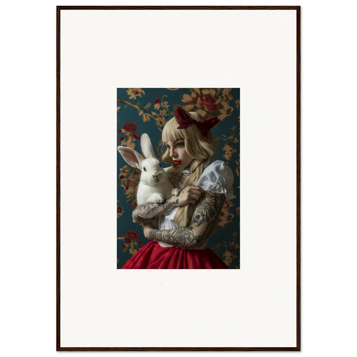 Framed canvas print of a figure in a red dress with a white rabbit for dreamy room decoration