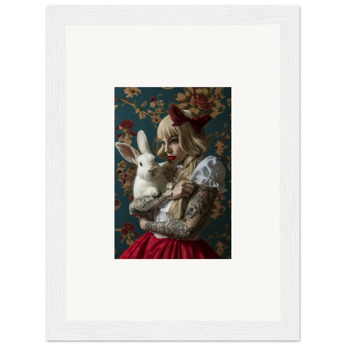 Woman with pale makeup holding a white rabbit in a dreamy canvas print for room decoration