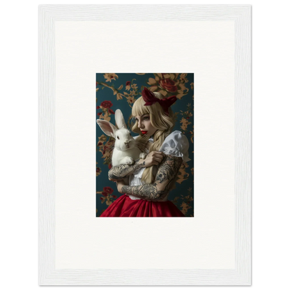 Woman with pale makeup holding a white rabbit in a dreamy canvas print for room decoration