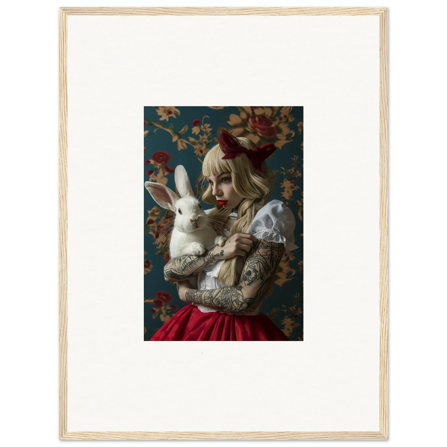 Framed canvas print of a blonde woman and her cute rabbit dreams for room decoration