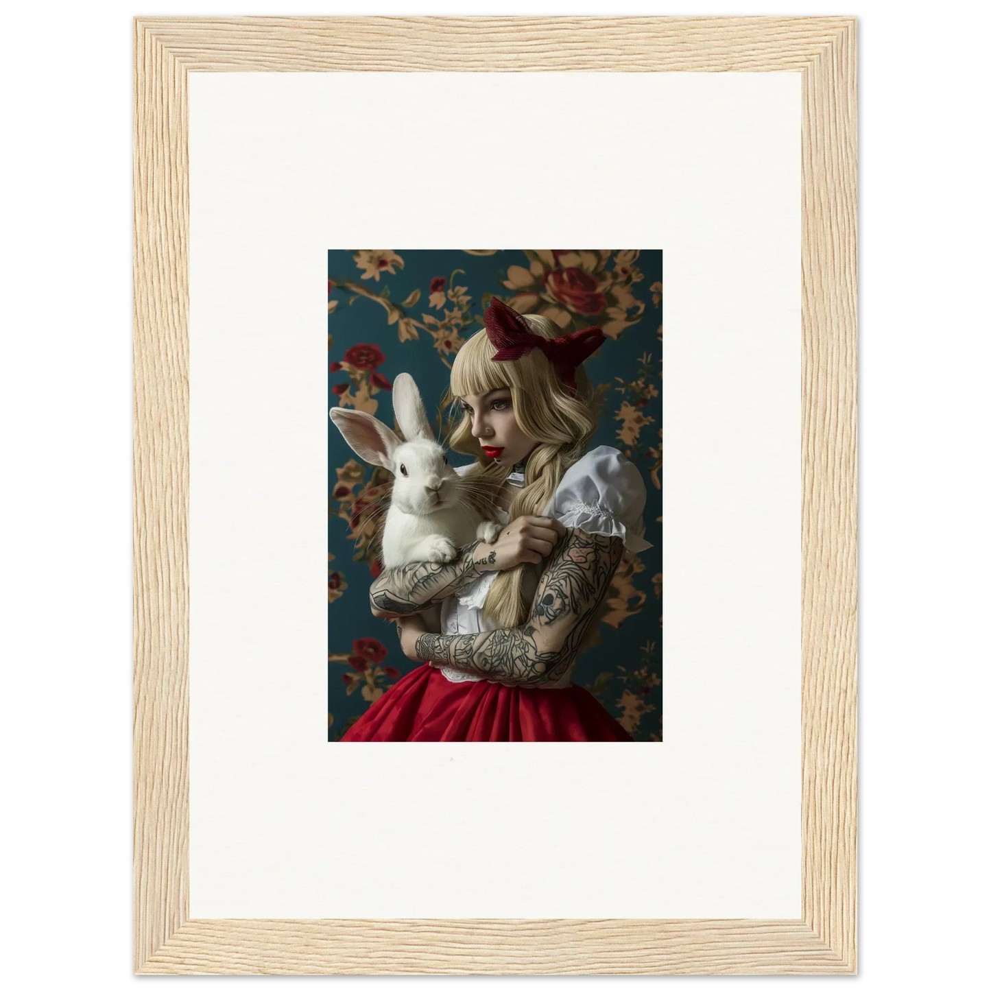 Framed canvas print of a rabbit dreams figure in a red dress, perfect room decoration