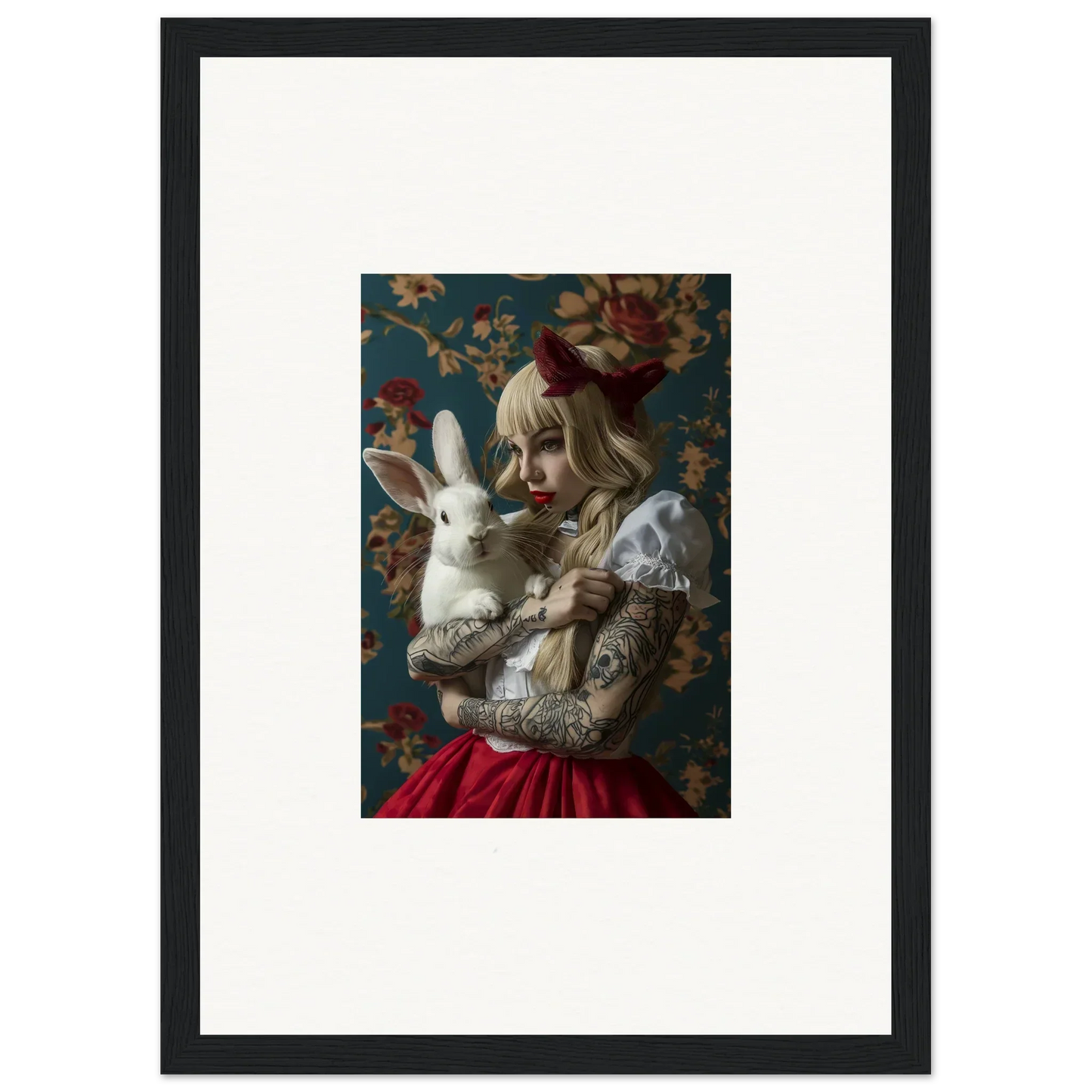 Framed canvas print of a young woman with a rabbit for dreamy room decoration