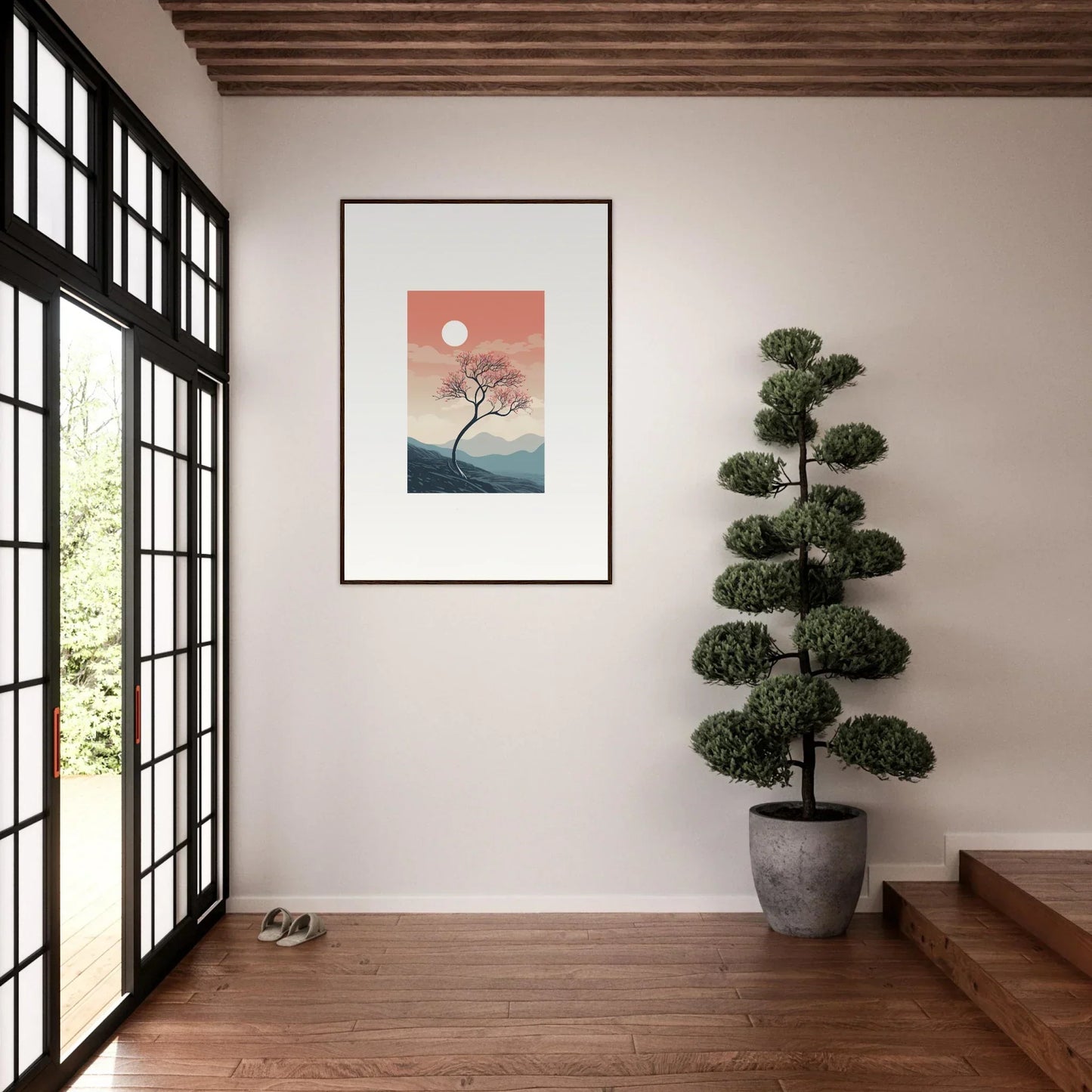 Framed wall art of a lone tree at sunset perfect for spirits enrage room decor