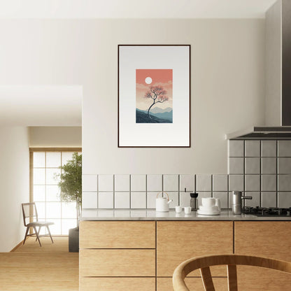 Framed wall art of a minimalist landscape with tree and sun for spirits enrage room decor