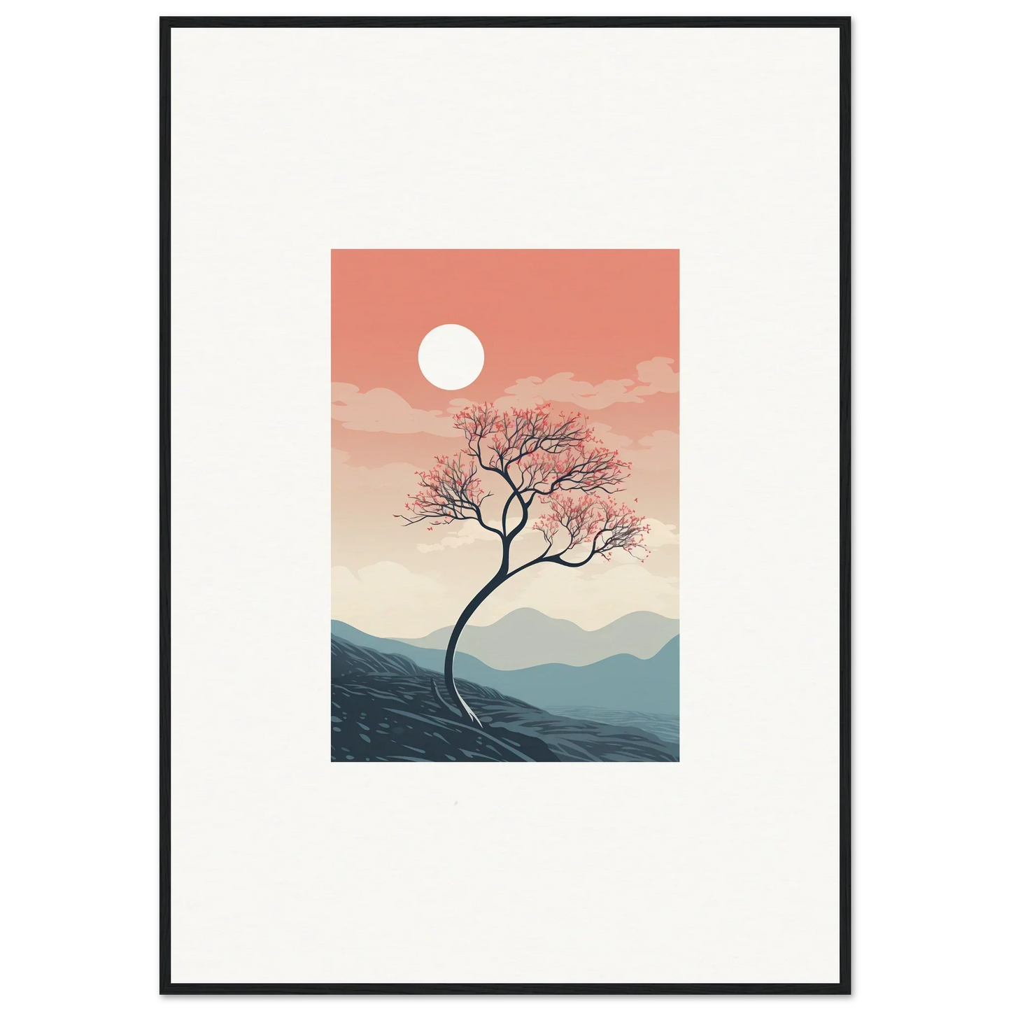 Framed wall art of a lone tree at sunset, perfect for spirits enrage room decor