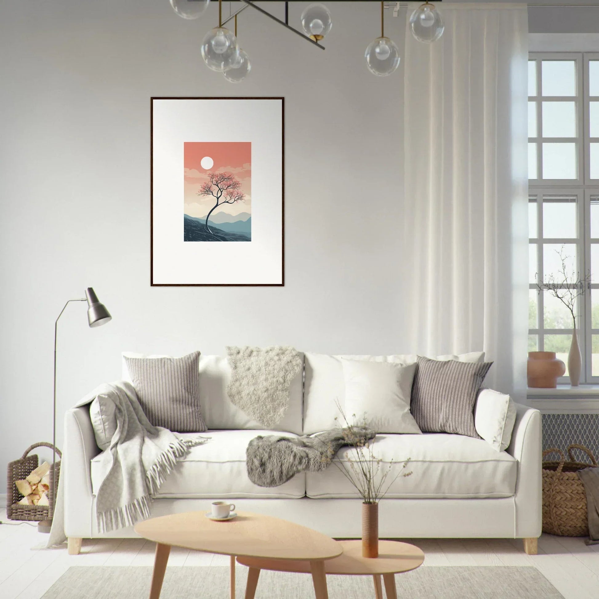 White sofa with pillows and blankets for stylish room decor with Spirits Enrage art