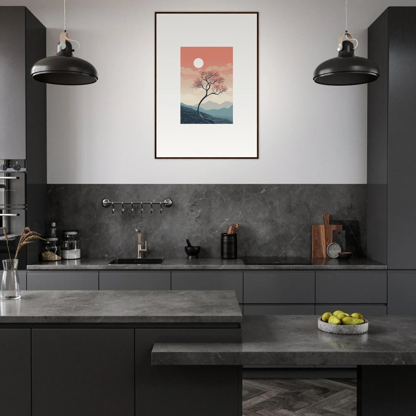 Modern dark gray kitchen with minimalist design and framed wall art for room decor