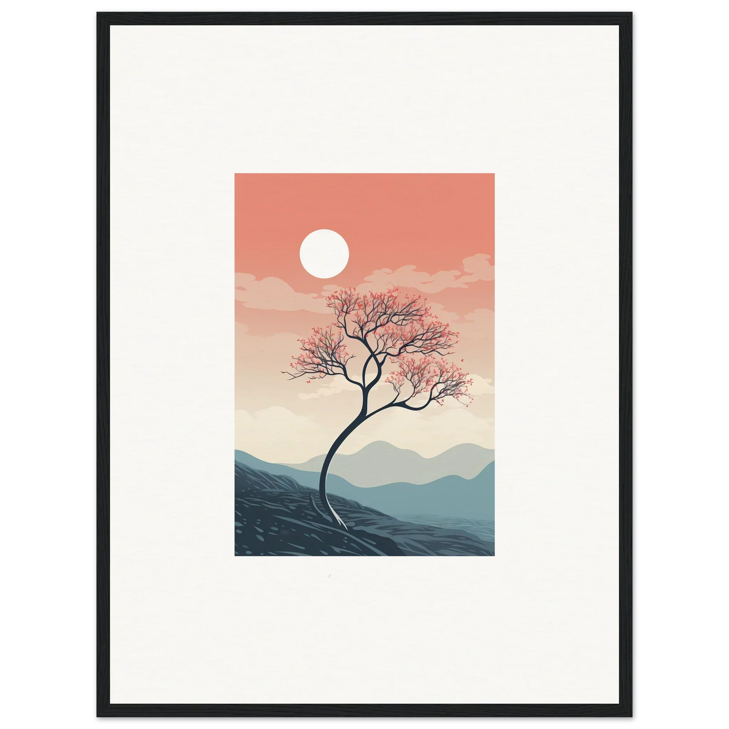 Lone tree with pink blossoms at sunset, perfect for Spirits Enrage room decor or framed wall art