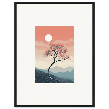 Lone tree with pink blossoms at sunset, perfect for Spirits Enrage room decor or framed wall art