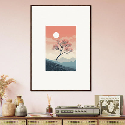 Framed wall art of a lone tree silhouette at sunset, perfect for room decor, Spirits Enrage