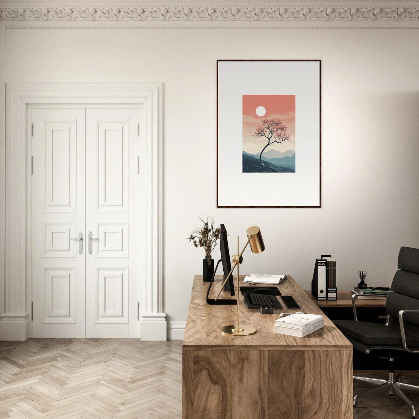 Wooden desk with typewriter and books in minimalist workspace for spirits enrage decor