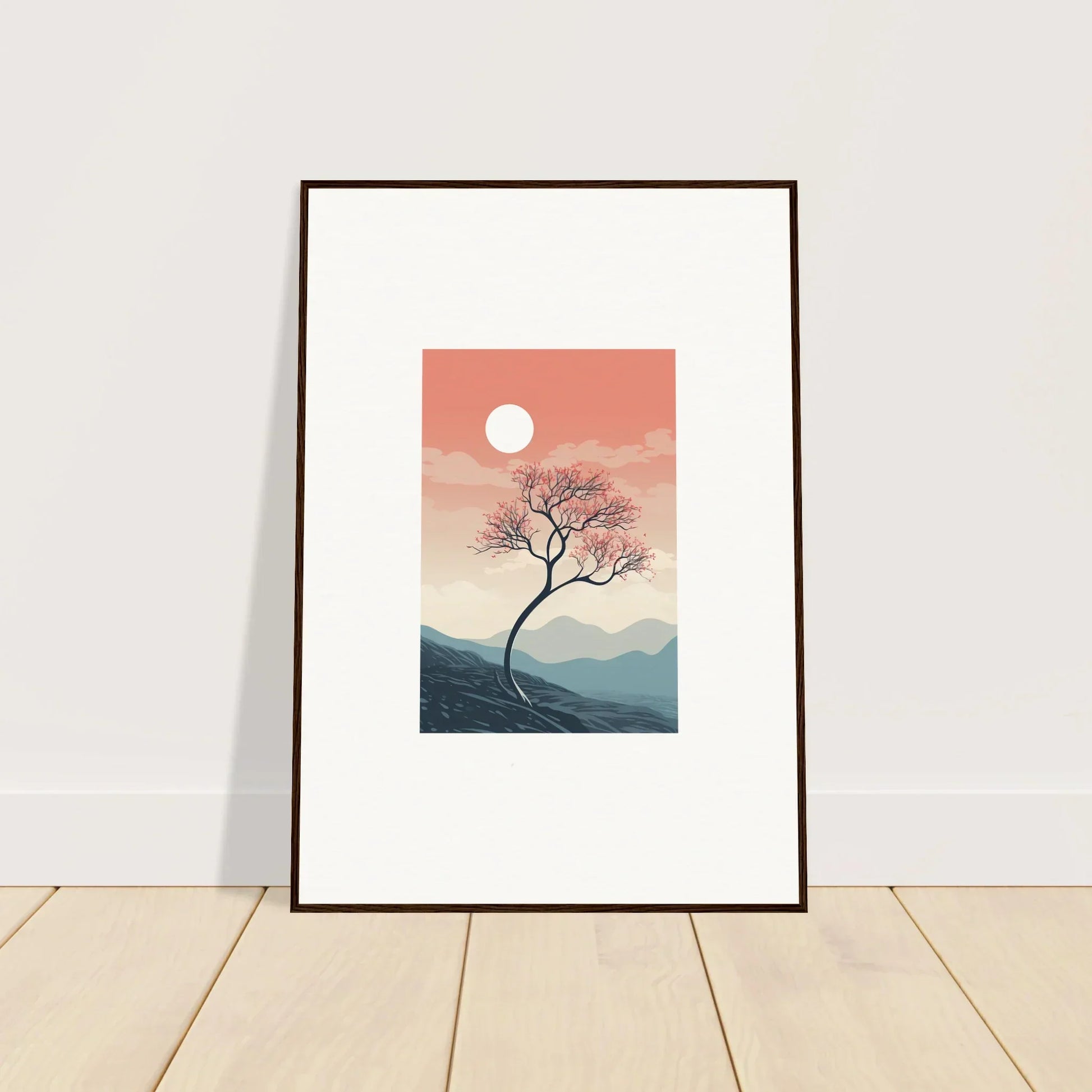 Framed wall art of solitary tree silhouette at sunset for captivating room decor