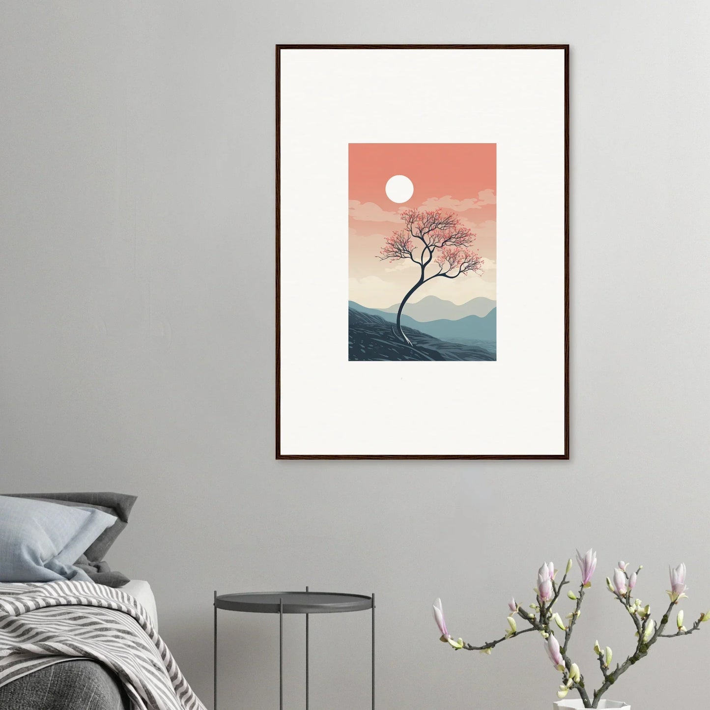 Framed wall art of a lone tree at sunset, perfect for spirits enrage room decor