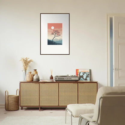 Wooden sideboard with cane doors showcasing spirits enrage decor and framed wall art