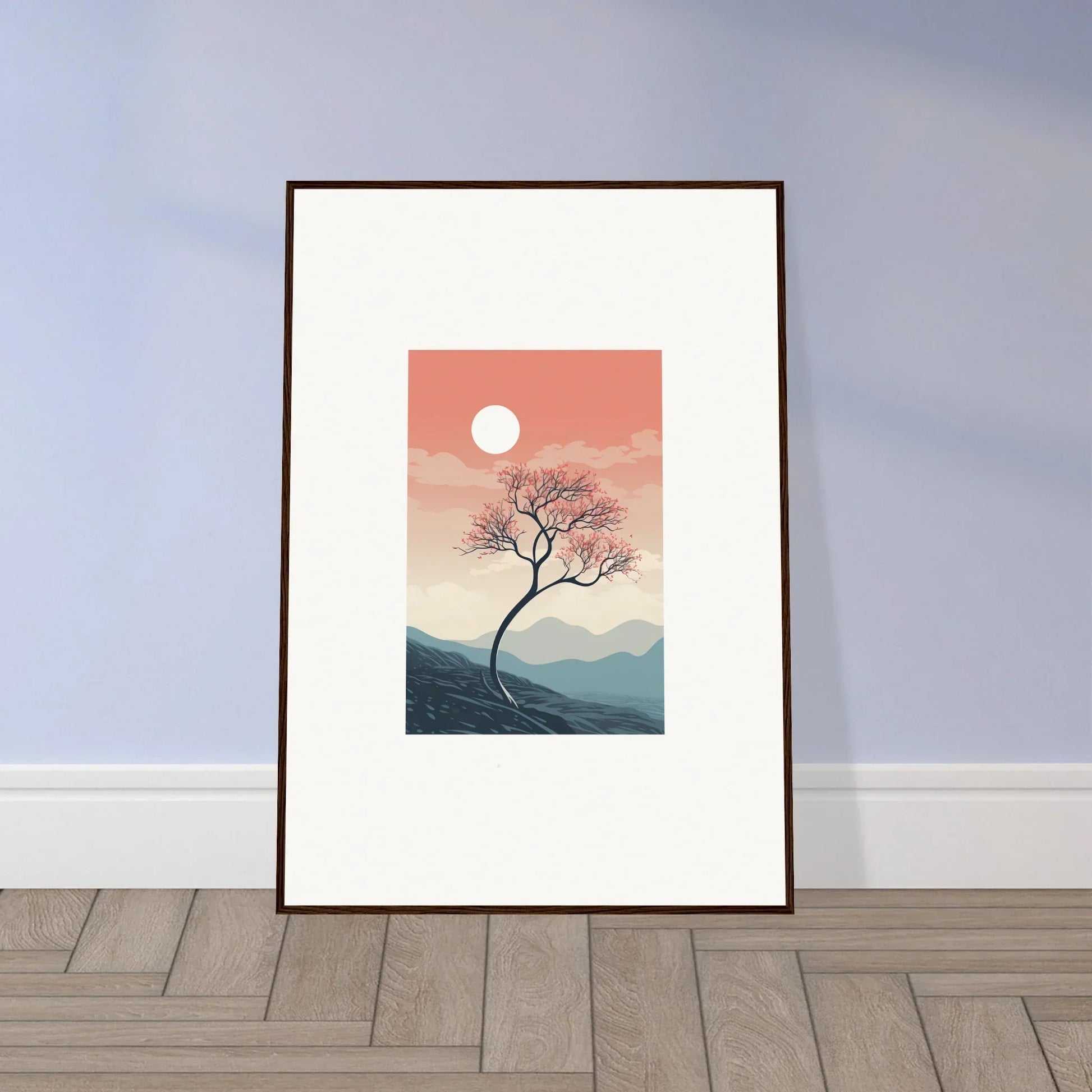 Framed wall art of a solitary tree at sunset, ideal for spirits enrage room decor