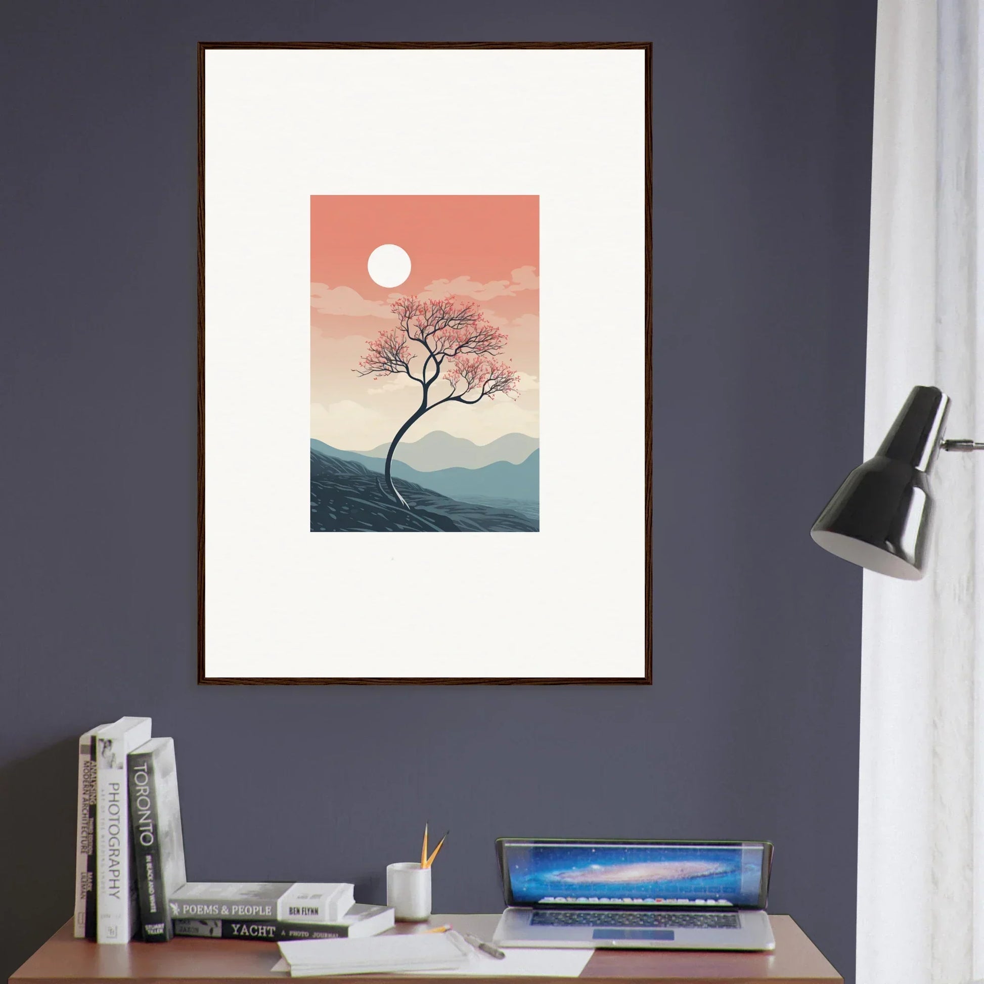 Framed wall art of a solitary tree at sunset, ideal room decor for spirits enrage