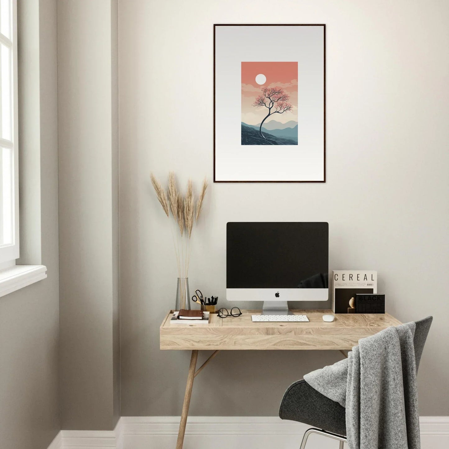 Minimalist home office with wooden desk, computer, and Framed Wall Art for spirits enrage room decor