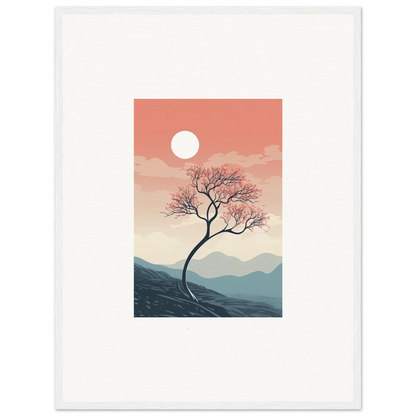 Lone tree with pink blossoms at sunset, perfect for spirits enrage room decor framed wall art